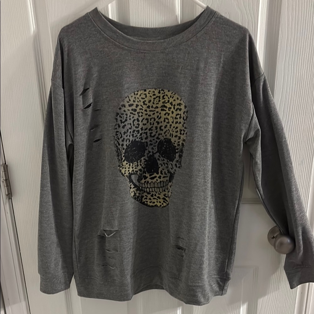 Gray Leopard Print Skull Distressed Crewneck